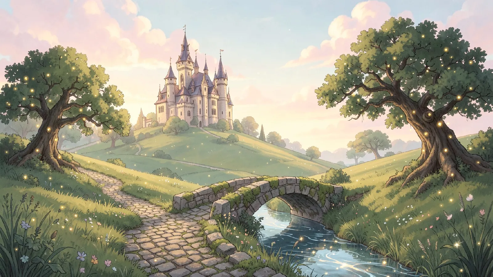 An enchanted castle on a hilltop above rolling meadows, with a moss-covered stone bridge over a sparkling stream at golden hour